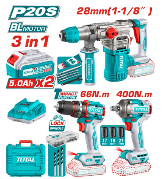 Taladro Atornillador + Pistola De Impacto + Rotomartillo 20v
