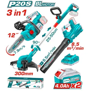 Motosierra Inalámbrica 12" + Guadañadora + Sopladora 20v